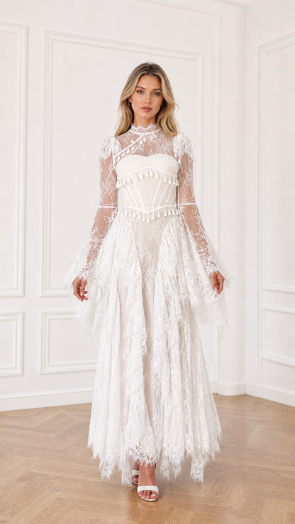 White long sleeve lace corset maxi dress with tassel fringe front view