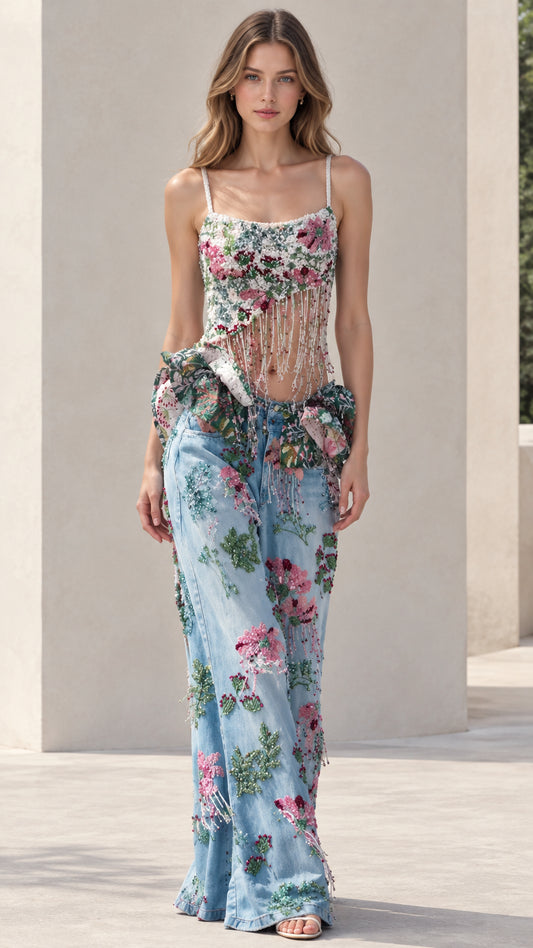 Light blue two-piece set featuring floral beaded cami with fringe and matching wide leg denim pants - front view