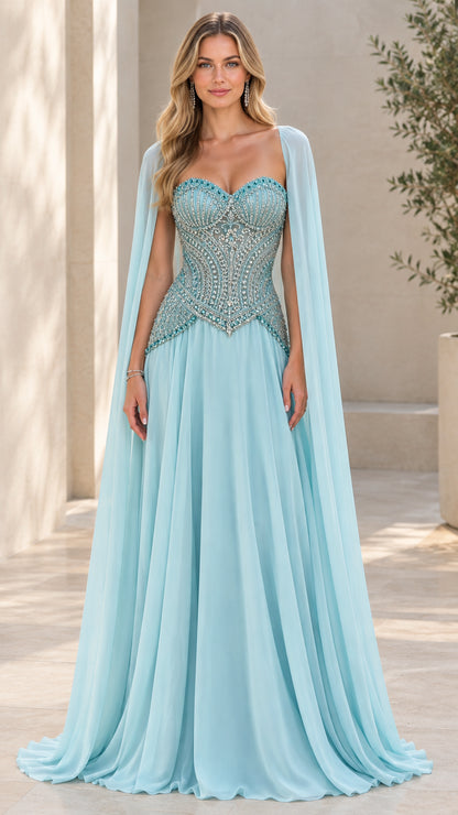 Front view of model wearing Sky Blue sweetheart corset cape evening gown