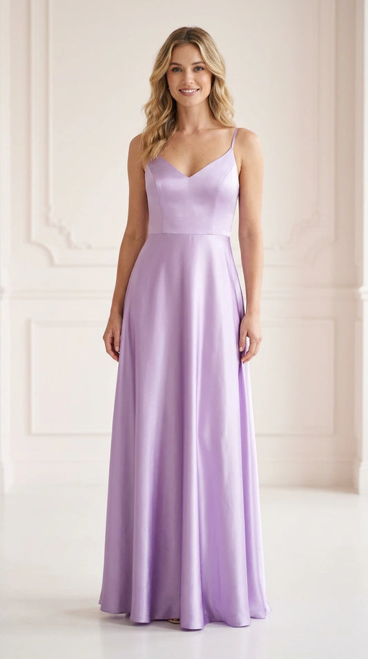 Front view of model wearing lilac satin A-line maxi dress with V-neckline and spaghetti straps