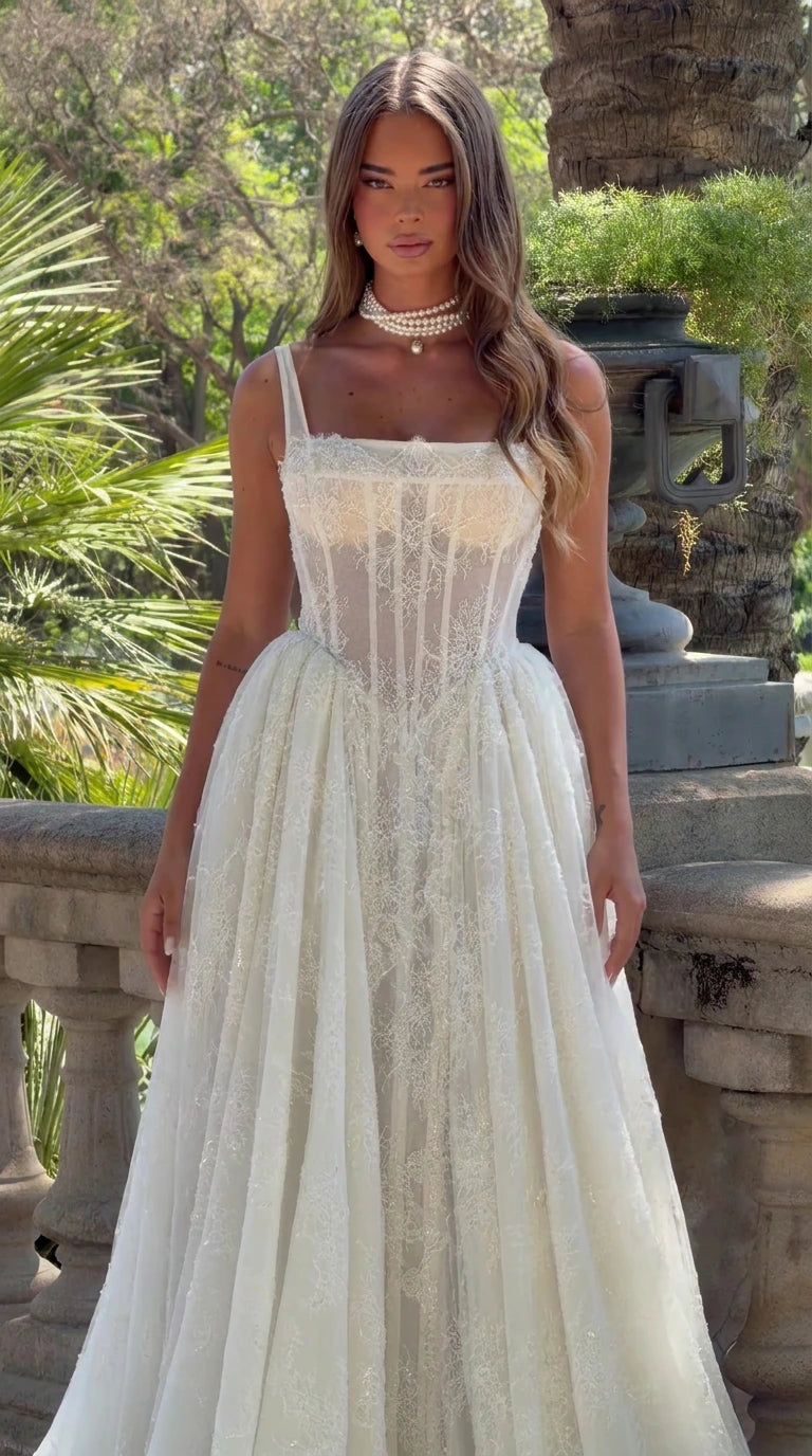 Front view of Ivory floral lace corset maxi dress