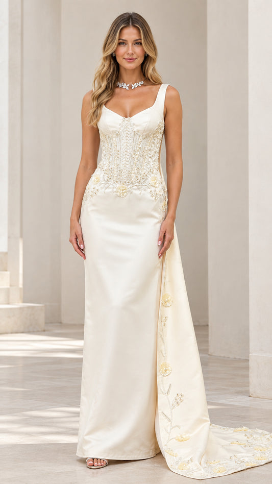 Front view of ivory corset evening gown with beaded embroidery and side train