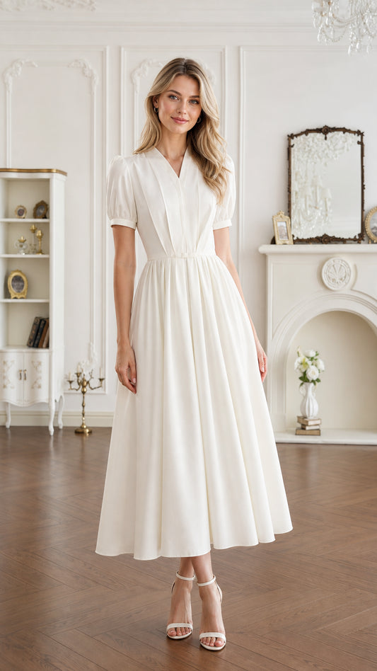 Front full view of woman wearing ivory short sleeve pleated V-neck A-line midi dress