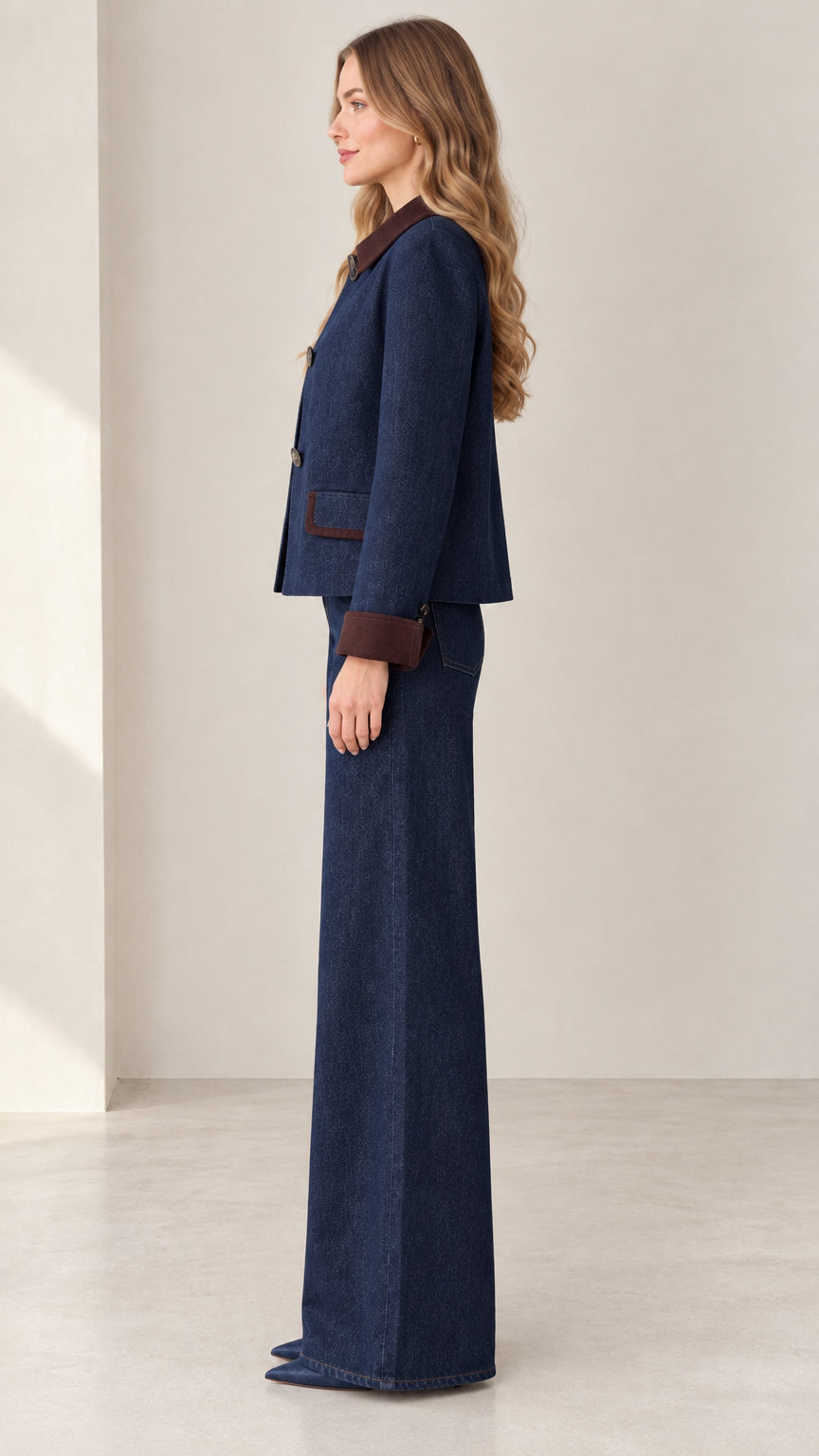 Side profile of model wearing Indigo Blue denim two-piece suit