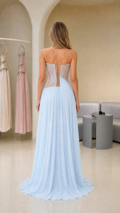 Back view showing corset lacing on light blue gown