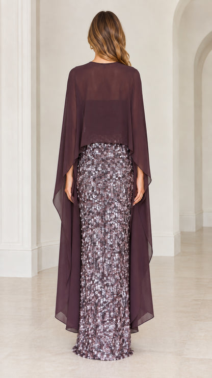 Back view of plum sequin dress showing long draped chiffon cape