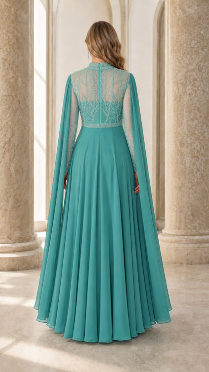 Back view of teal evening dress showcasing cape details