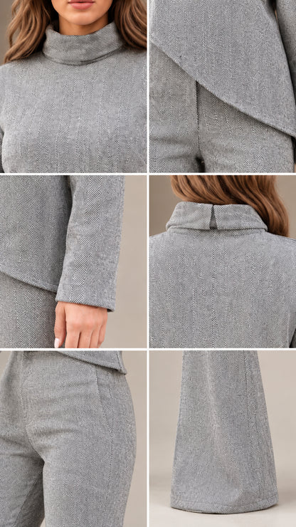 Close-up details of grey textured fabric, mock collar, cuffs, and asymmetric hemline