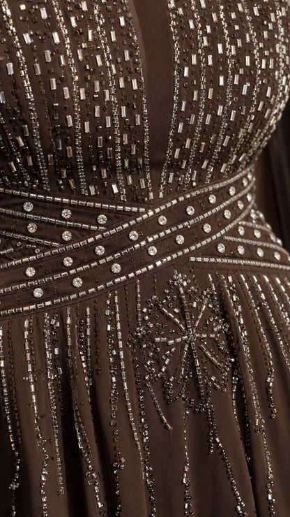 Close-up of intricate crystal beadwork and waistband