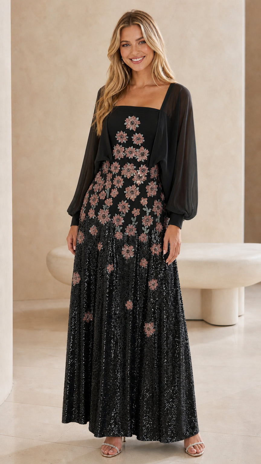 Front view of black floral sequin maxi evening dress with long chiffon sleeves