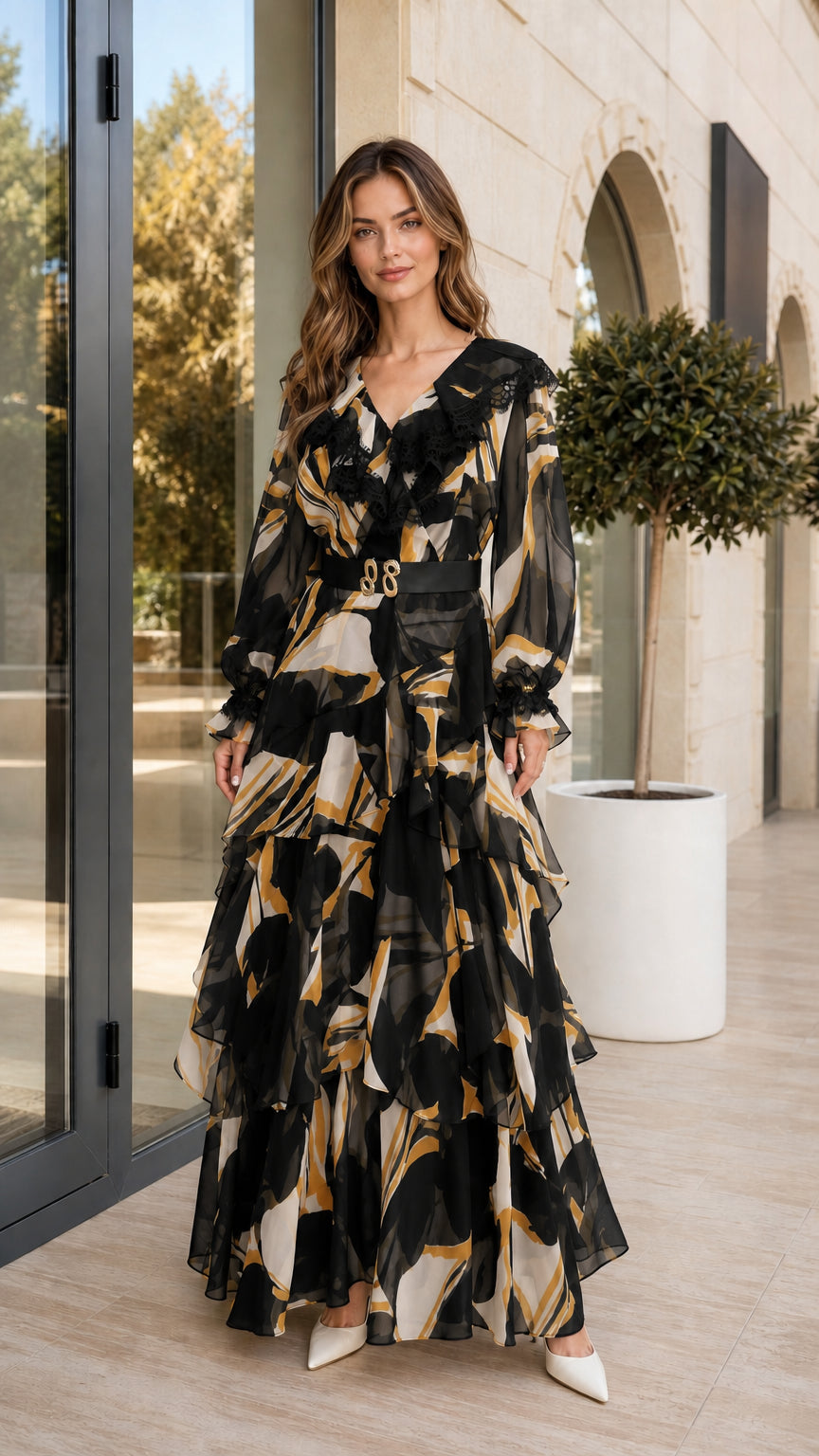 Front view of model wearing black abstract print tiered ruffle maxi dress