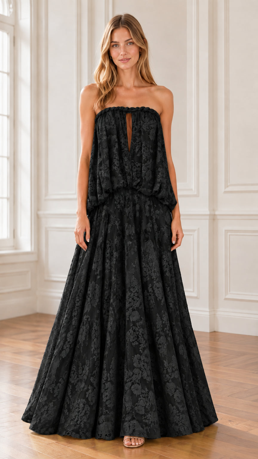 Front view of model wearing Black strapless floral lace maxi dress