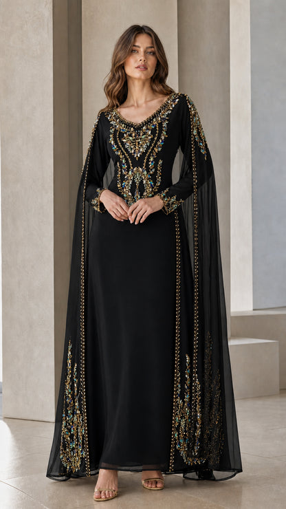 Black floor-length evening dress with gold crystal embellishments and cape sleeves