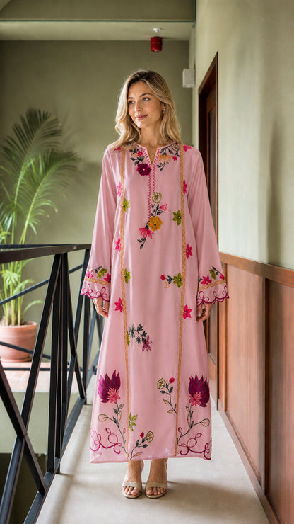 Model wearing Pink floral embroidered maxi kaftan dress