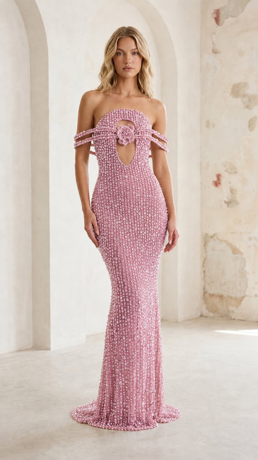Pink embellished off-the-shoulder evening gown front view