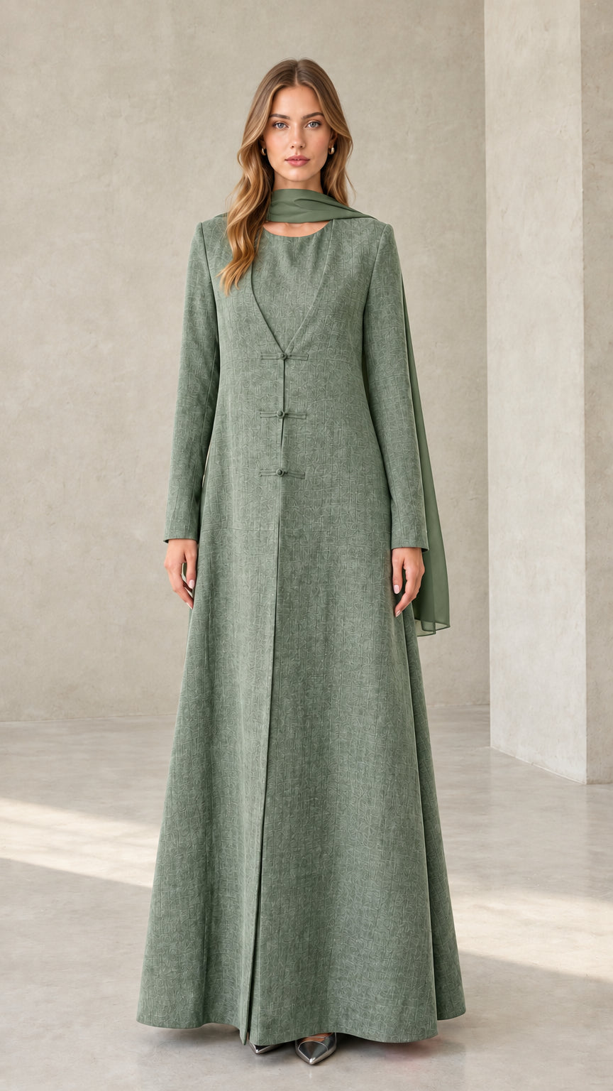 Sage Green textured long sleeve maxi dress with matching scarf