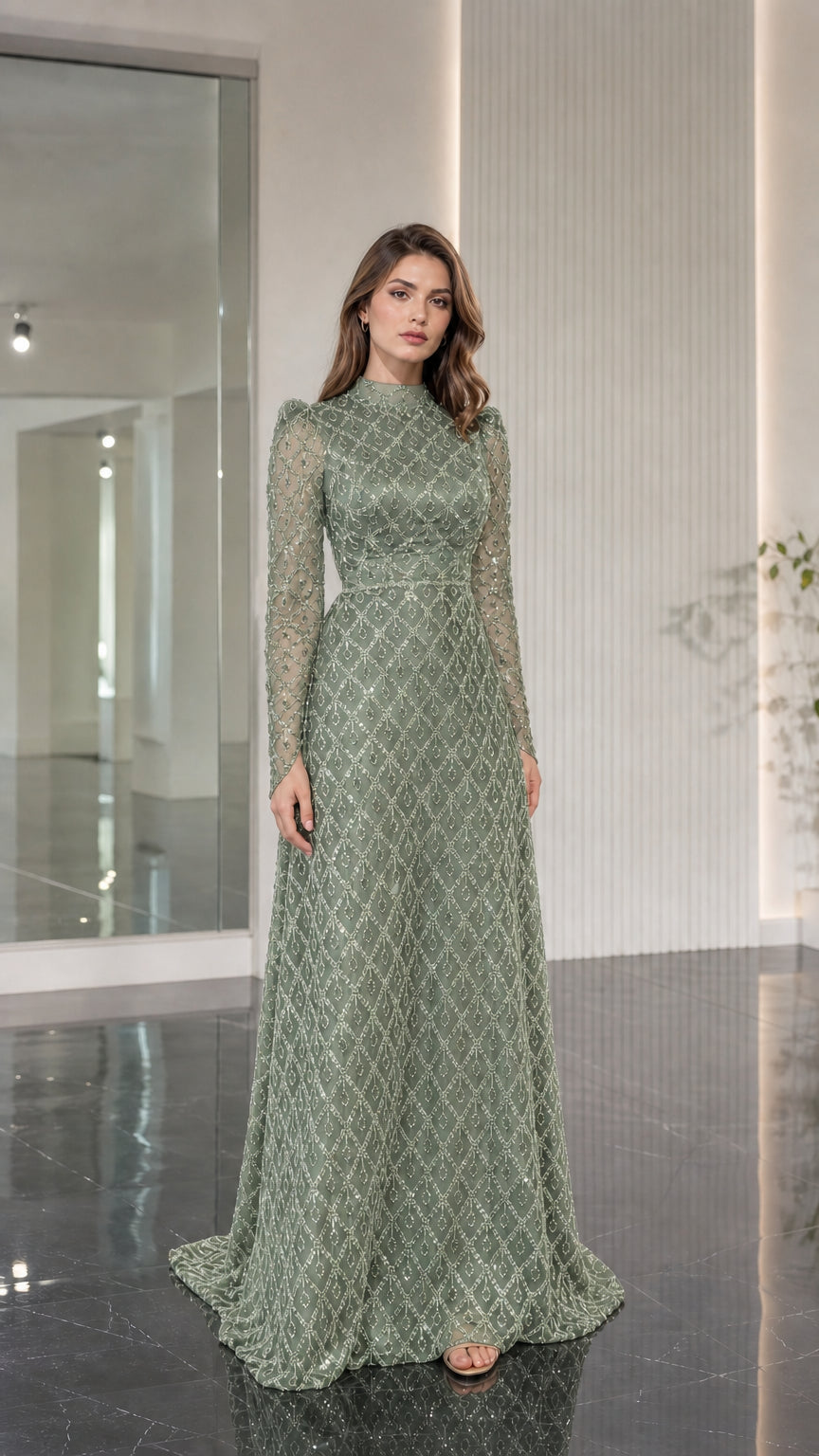 Model wearing sage green beaded high neck formal maxi dress