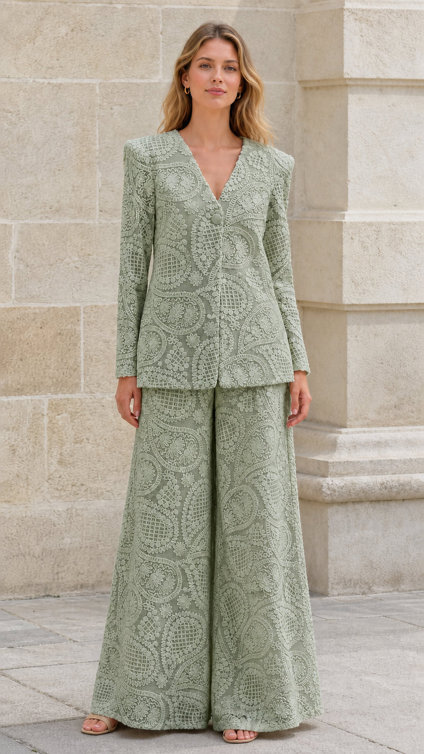 Front view of sage green textured blazer and wide-leg pants set