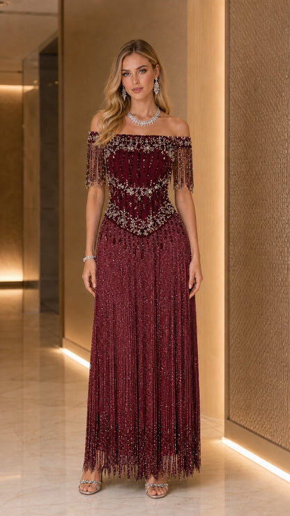 Model wearing Burgundy wine off-the-shoulder beaded fringe maxi dress
