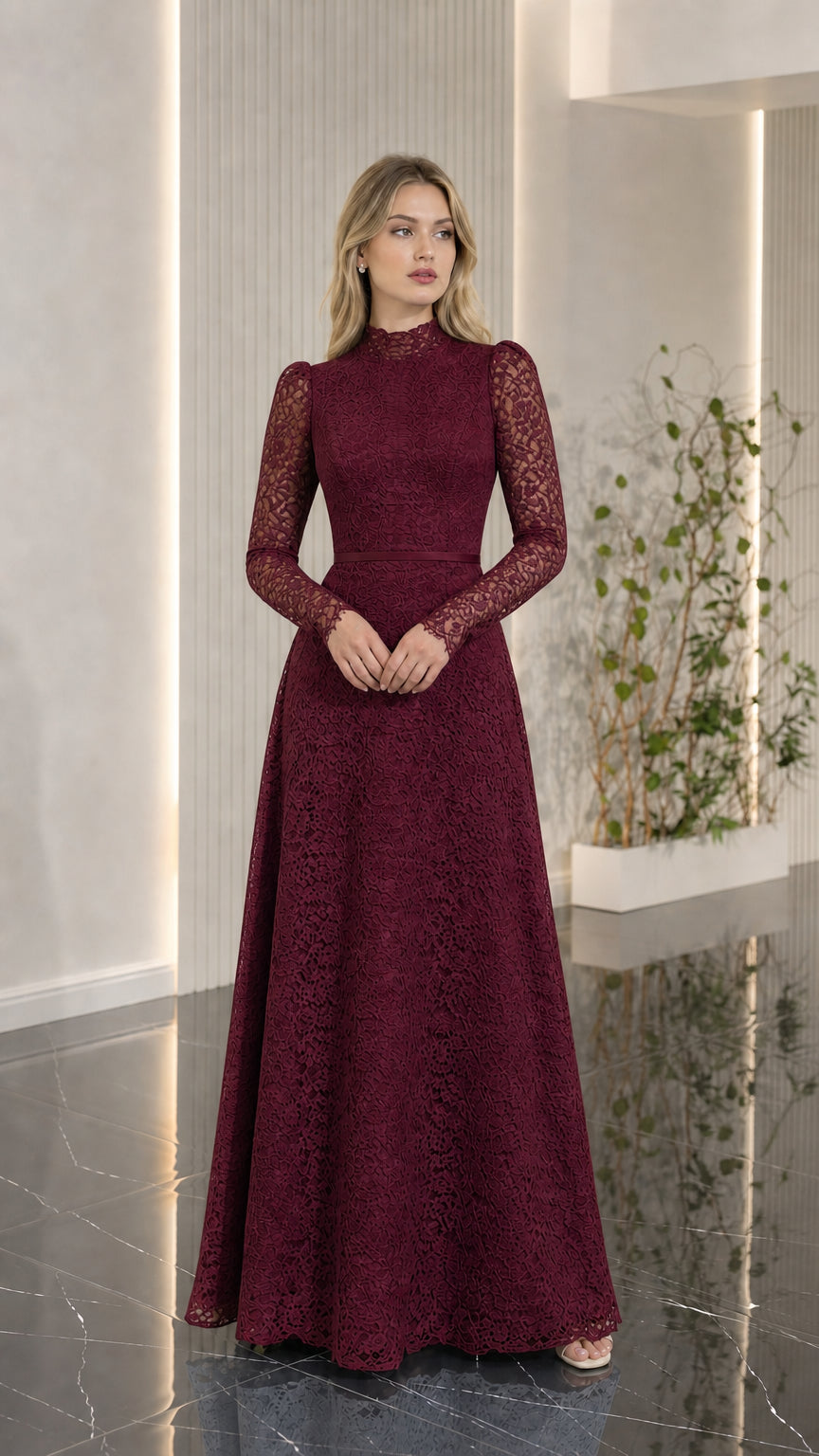 Full-length view of burgundy lace A-line evening gown