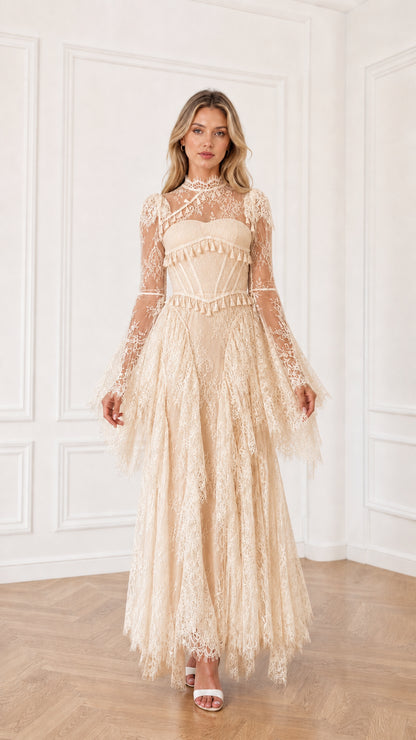 Champagne beige long sleeve lace evening gown with fringe details