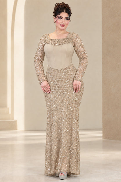 Champagne gold embellished long sleeve corset formal gown front view