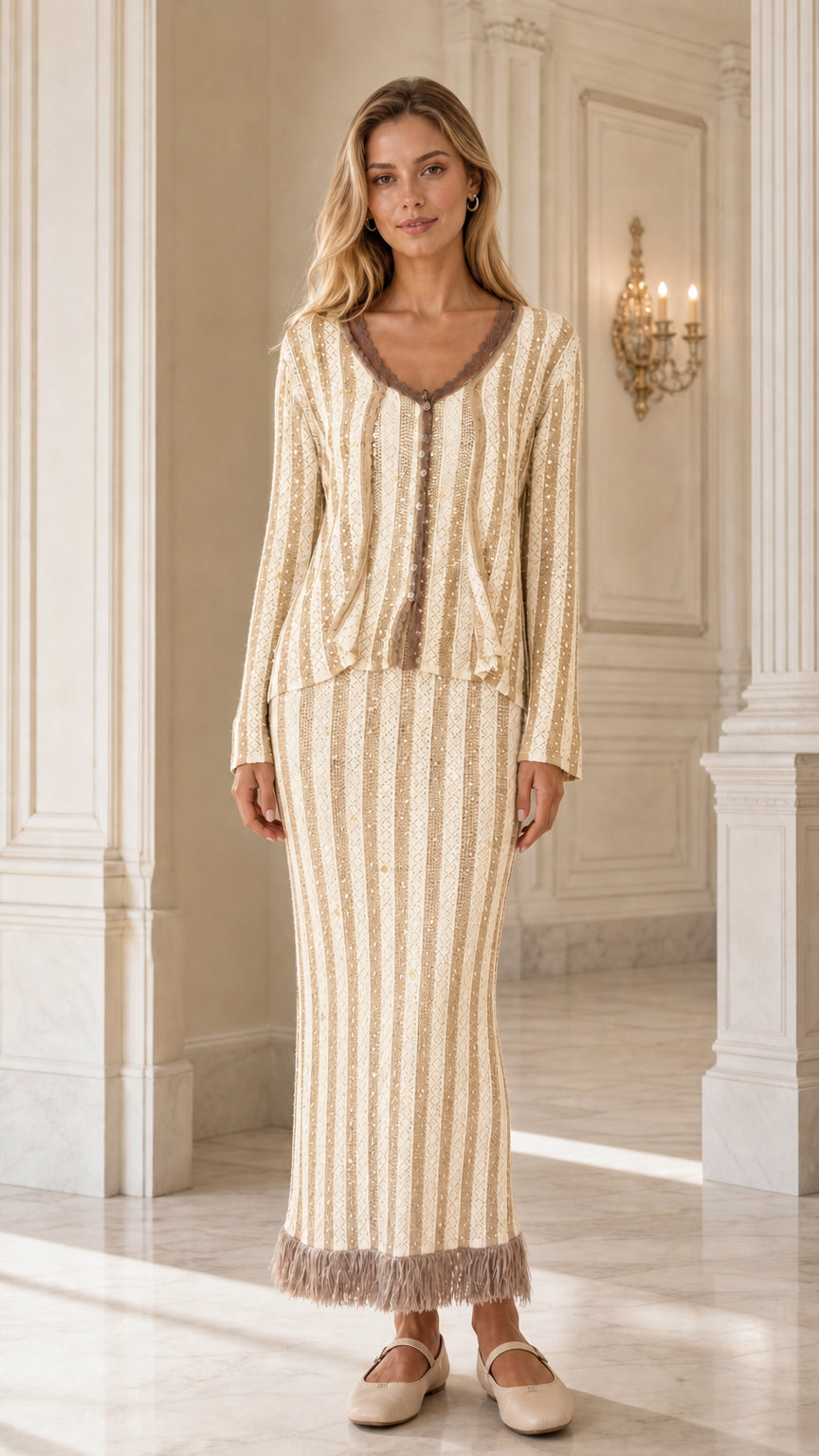 Full front view of model wearing champagne cream striped sequin knit cardigan set