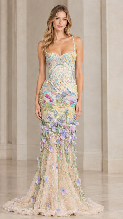 Champagne gold embellished 3D floral mermaid gown - front view