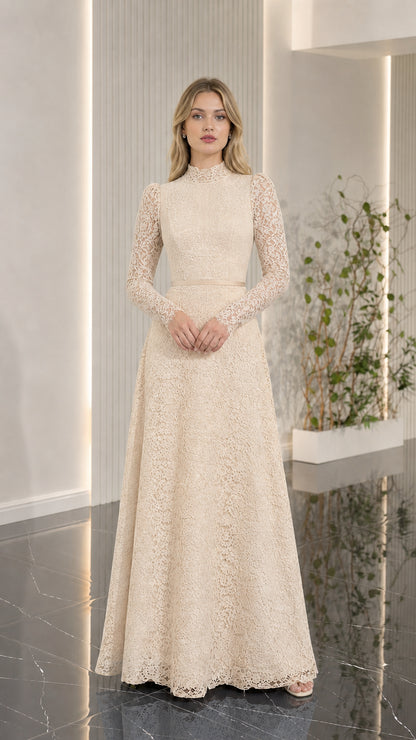 Full-length view of champagne beige modest lace maxi dress